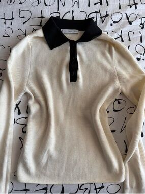 Mango Cream Ribbed Polo Sweater with Black Collar